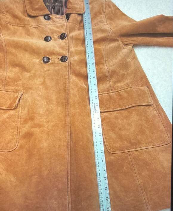 Y2K Baxis & Baxis Pea Coat Jacket M Womens Suede Leather Lined Tan Double Breast - Picture 3 of 9